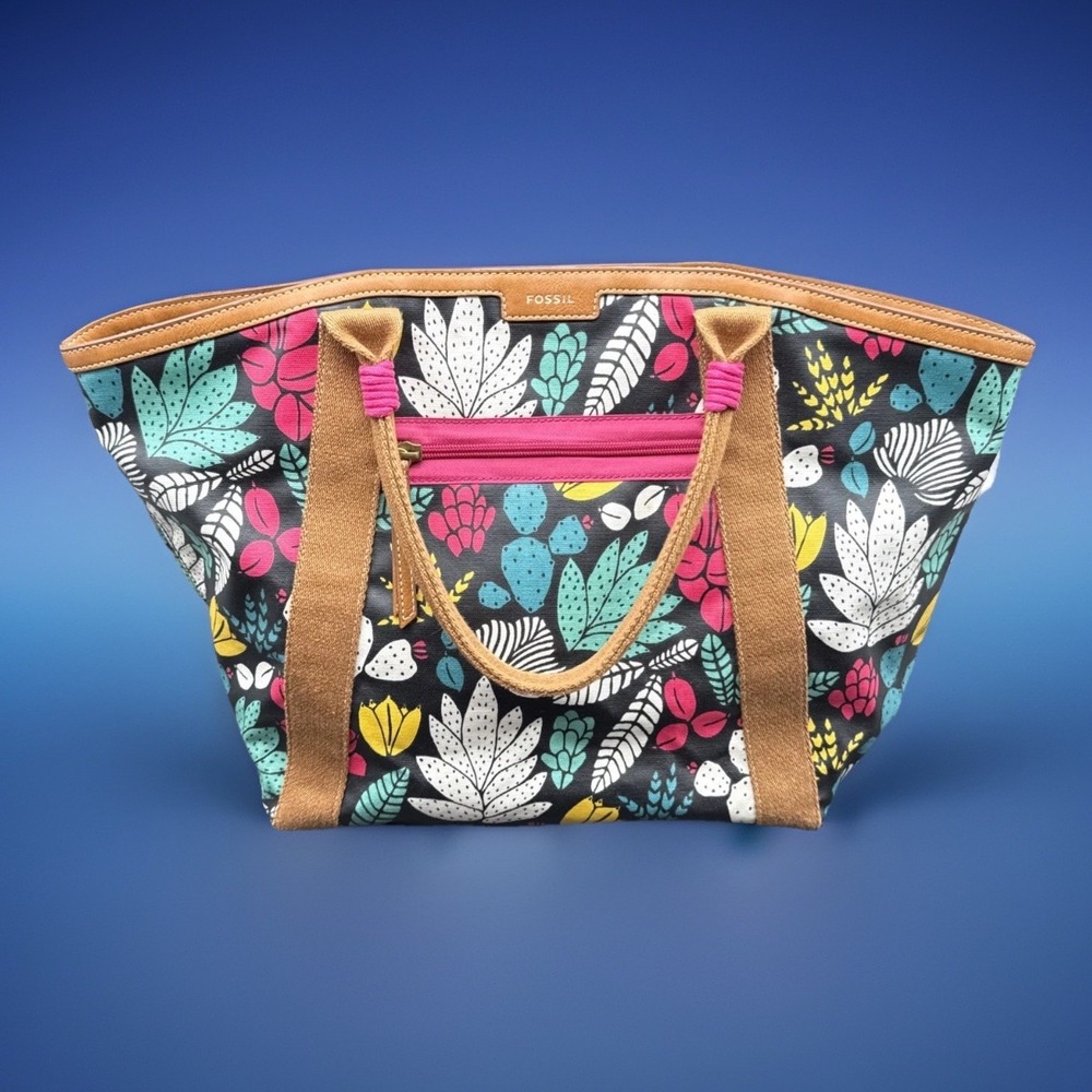 FOSSIL Large Eliza Beach Tote Dark Floral Coated Canvas Oversized Shoulder‎ Bag